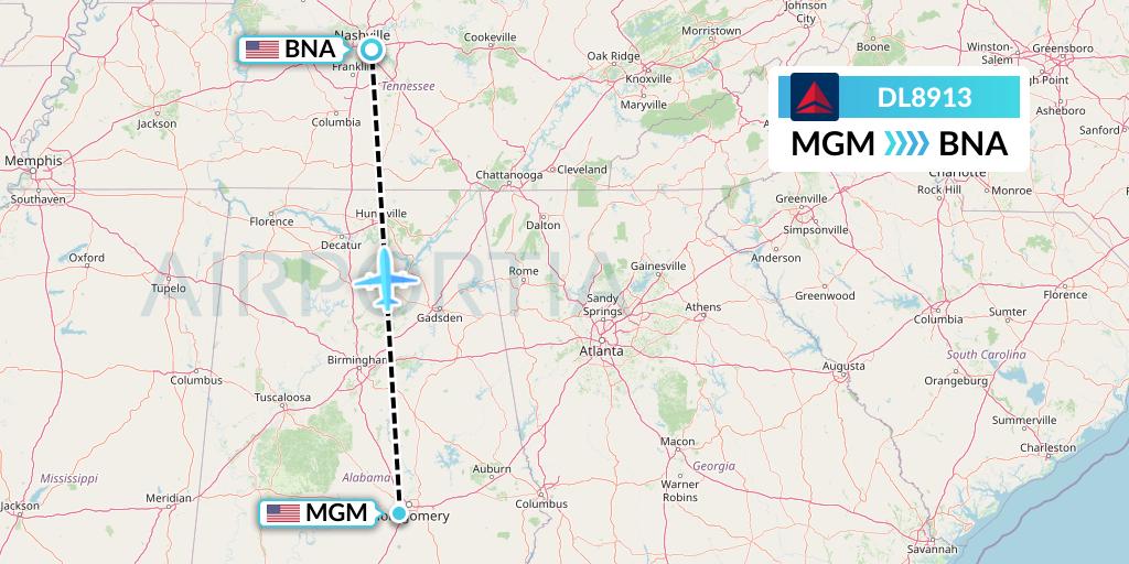 DL8913 Delta Air Lines Flight Map: Montgomery to Nashville