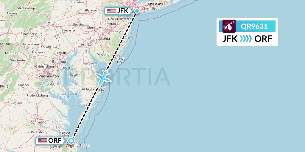 QR9631 Qatar Airways Flight Map: New York to Norfolk