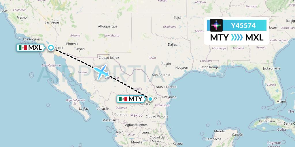 Y45574 Volaris Flight Map: Monterrey to Mexicali