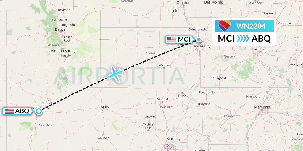 WN2204 Southwest Airlines Flight Map: Kansas City to Albuquerque