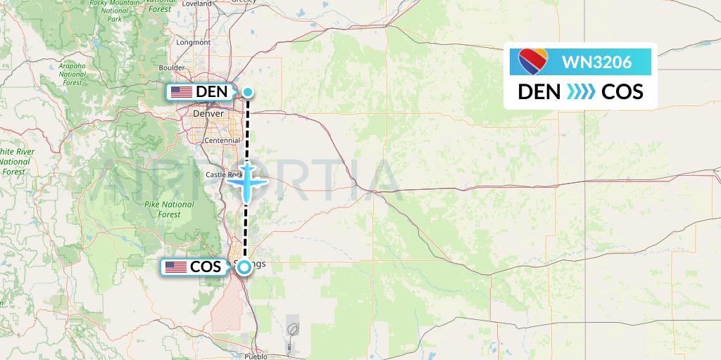 WN3206 Southwest Airlines Flight Map: Denver to Colorado Springs
