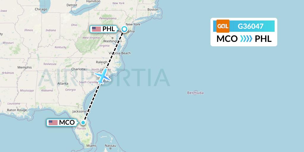 G36047 GOL Transportes Aeros Flight Map: Orlando to Philadelphia