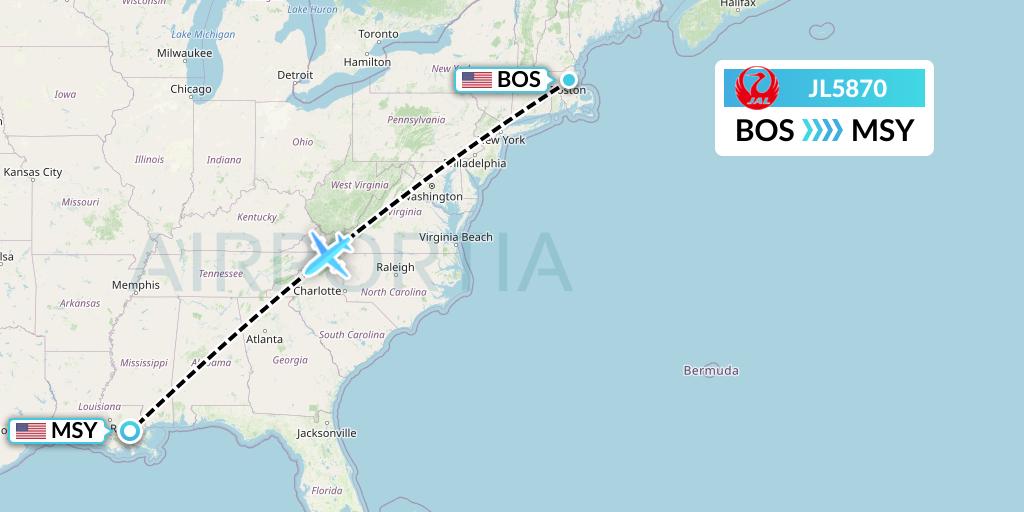 JL5870 Japan Airlines Flight Map: Boston to New Orleans
