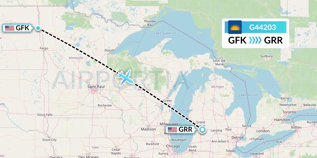G44203 Allegiant Air Flight Map: Grand Forks to Grand Rapids