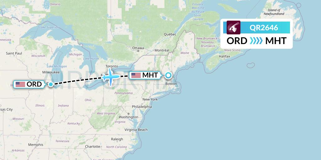 QR2646 Qatar Airways Flight Map: Chicago to Manchester