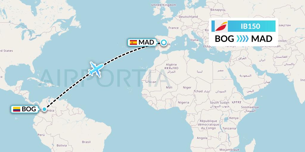 IB150 Iberia Flight Map: Bogota to Madrid