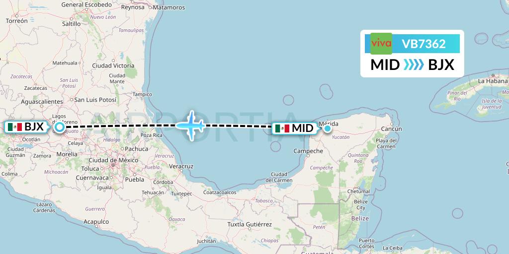 VB7362 VivaAerobus Flight Map: Merida to Silao