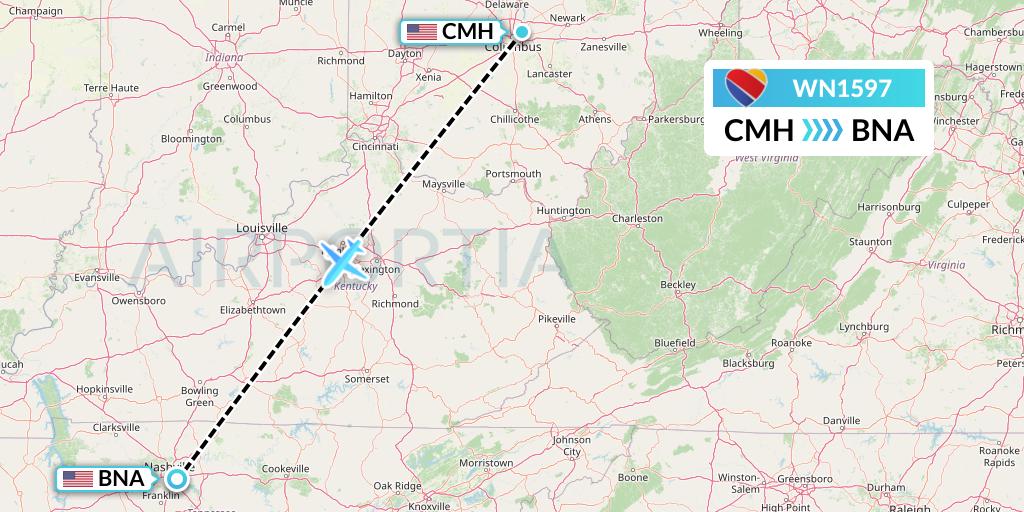 WN1597 Southwest Airlines Flight Map: Columbus to Nashville