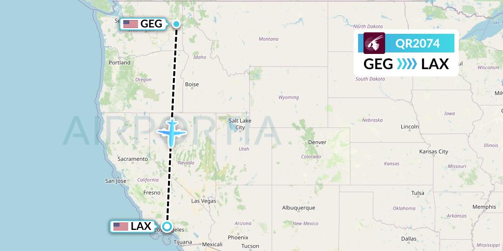 QR2074 Qatar Airways Flight Map: Spokane to Los Angeles