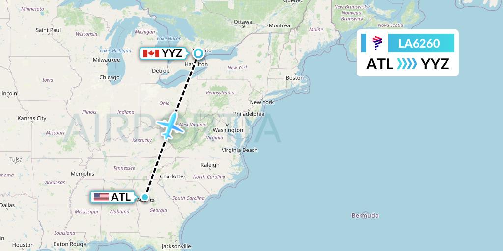 LA6260 LAN Airlines Flight Map: Atlanta to Toronto