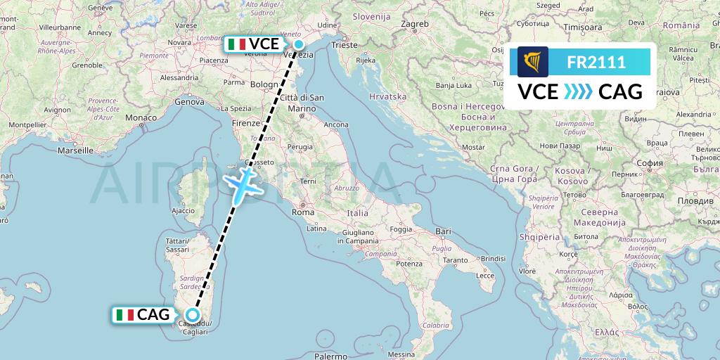 FR2111 Ryanair Flight Map: Venice to Cagliari
