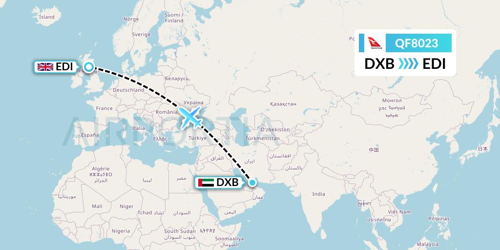 QF8023 Qantas Flight Map: Dubai to Edinburgh