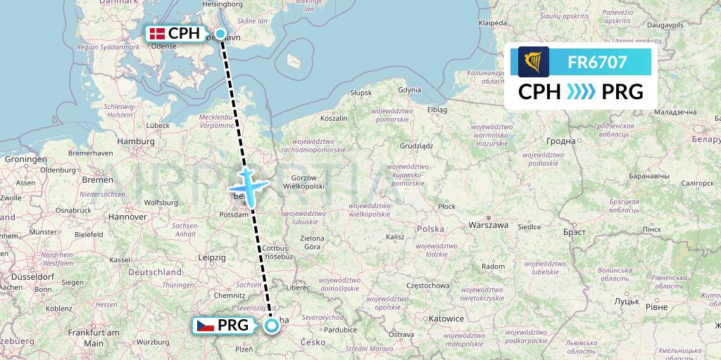 FR6707 Ryanair Flight Map: Copenhagen to Prague