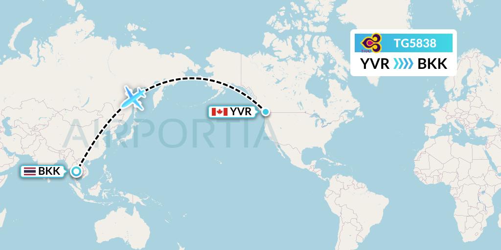 TG5838 Thai Airways Flight Map: Vancouver to Bangkok
