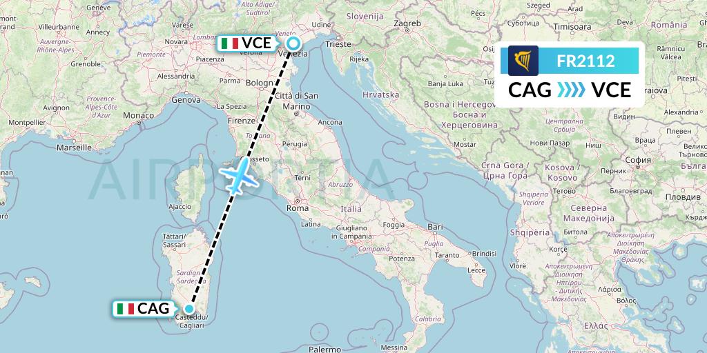 FR2112 Ryanair Flight Map: Cagliari to Venice