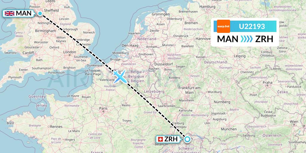 U22193 EasyJet Flight Map: Manchester to Zurich