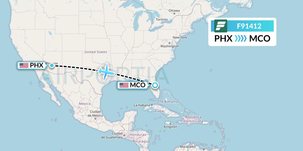 F91412 Frontier Airlines Flight Map: Phoenix to Orlando
