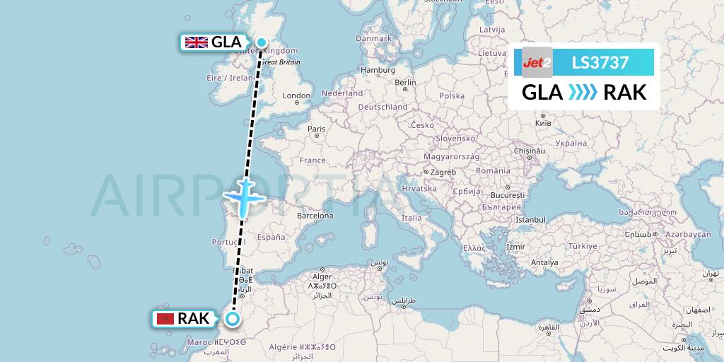 LS3737 Jet2 Flight Map: Glasgow to Marrakesh 