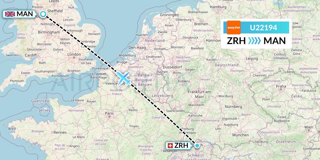U22194 EasyJet Flight Map: Zurich to Manchester