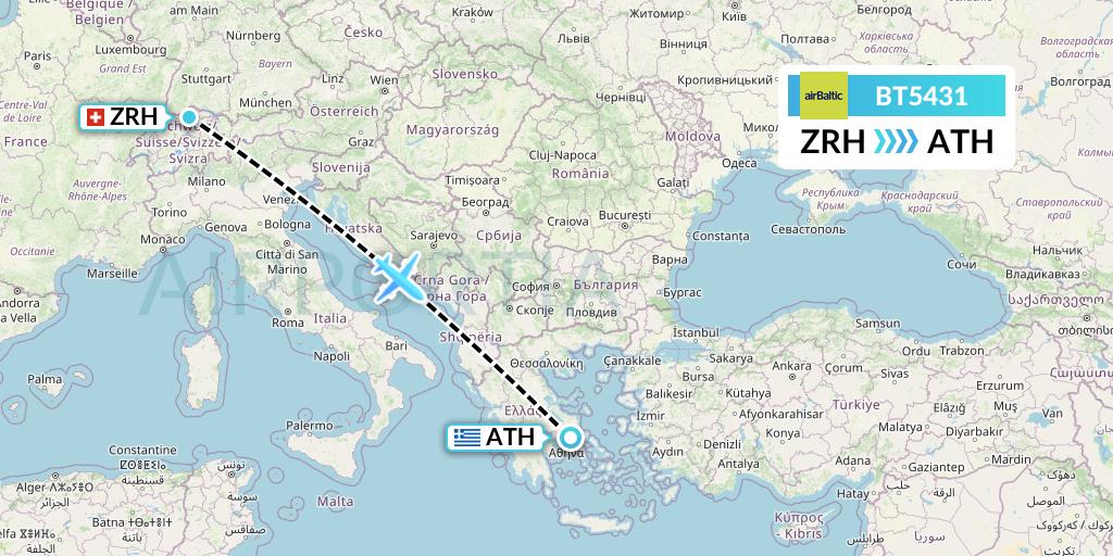 BT5431 Air Baltic Flight Map: Zurich to Athens