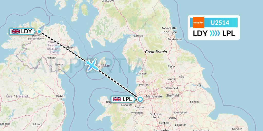 U2514 EasyJet Flight Map: Londonderry to Liverpool