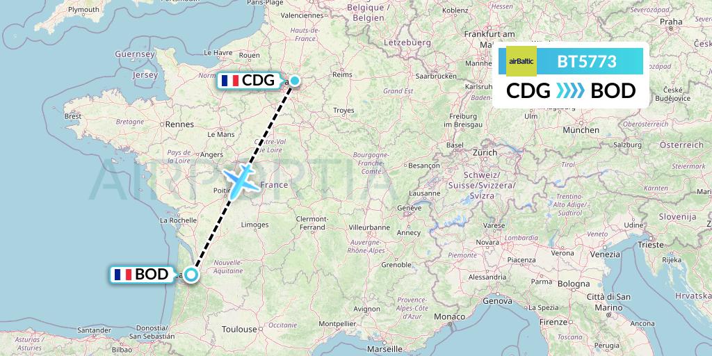 BT5773 airBaltic Flight Map: Paris to Bordeaux