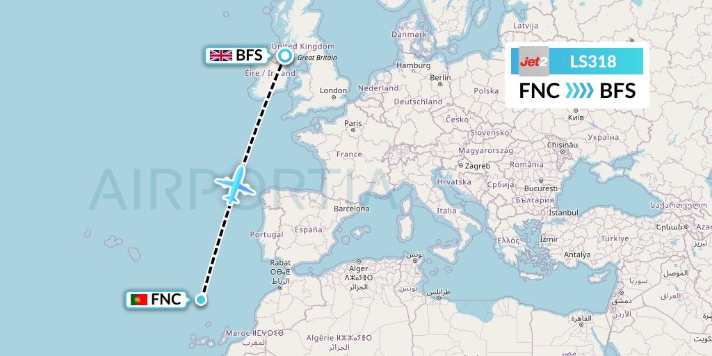 LS318 Jet2 Flight Map: Funchal to Belfast