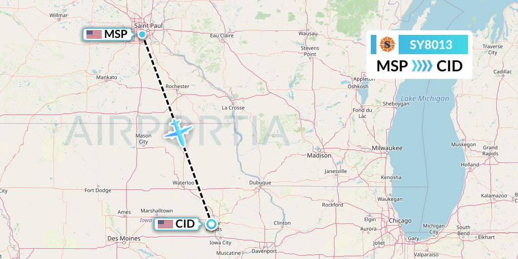 SY8013 Sun Country Airlines Flight Map: Minneapolis to Cedar Rapids