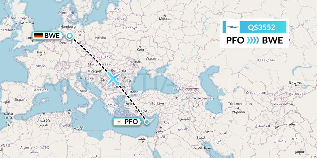 QS3552 Smartwings Flight Map: Pafos to Braunschweig