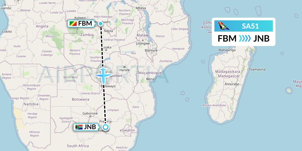 SA51 South African Airways Flight Map: Lubumbashi to Johannesburg