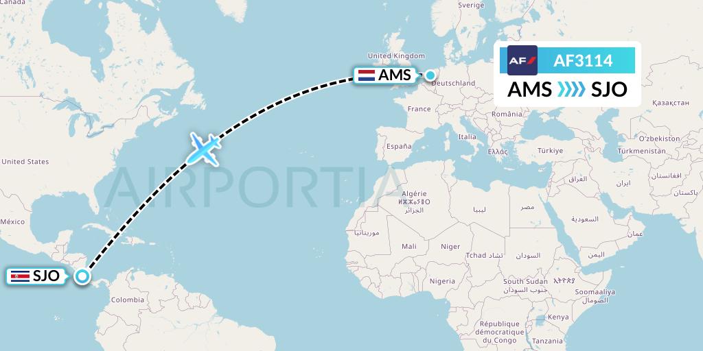 AF3114 Air France Flight Map: Amsterdam to San Jose