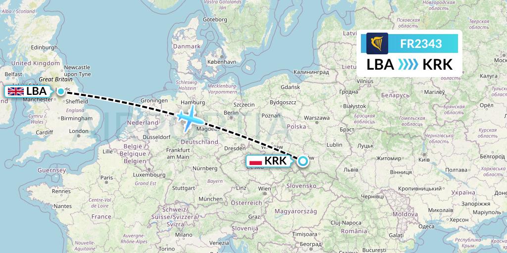 FR2343 Ryanair Flight Map: Leeds to Krakow