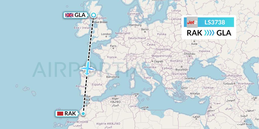 LS3738 Jet2 Flight Map: Marrakesh to Glasgow