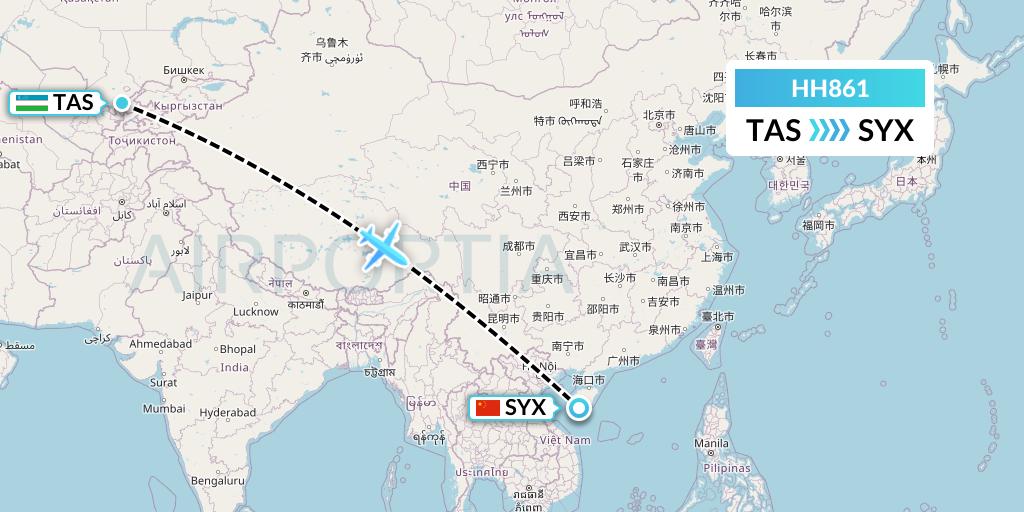 HH861 Qanot Sharq Flight Map: Tashkent to Sanya