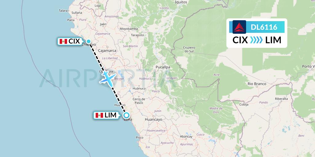 DL6116 Delta Air Lines Flight Map: Chiclayo to Lima