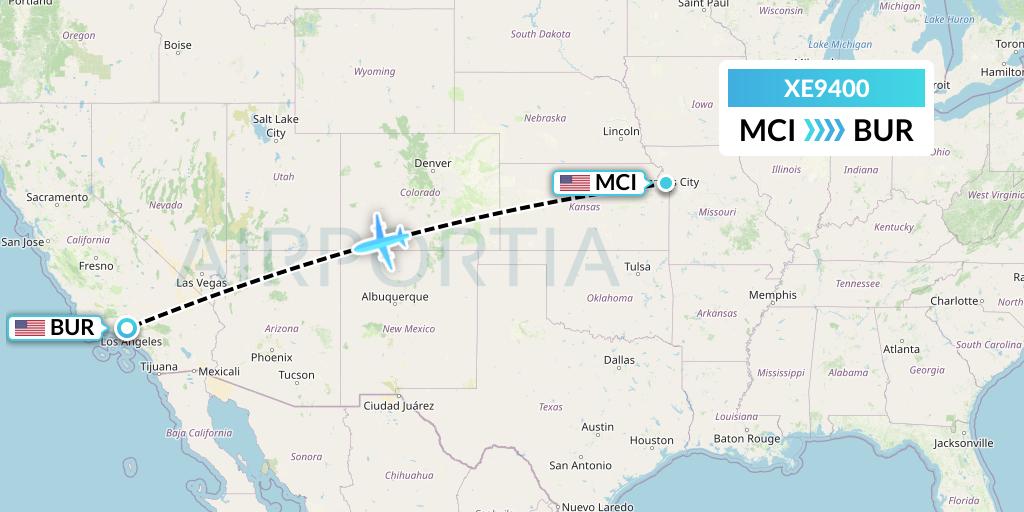 XE9400 Jsx Flight Map: Kansas City to Burbank