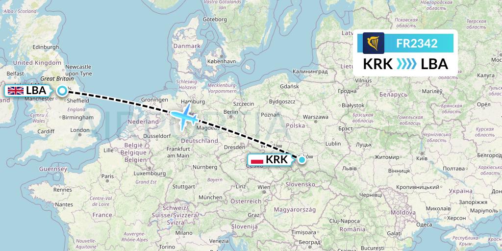 FR2342 Ryanair Flight Map: Krakow to Leeds