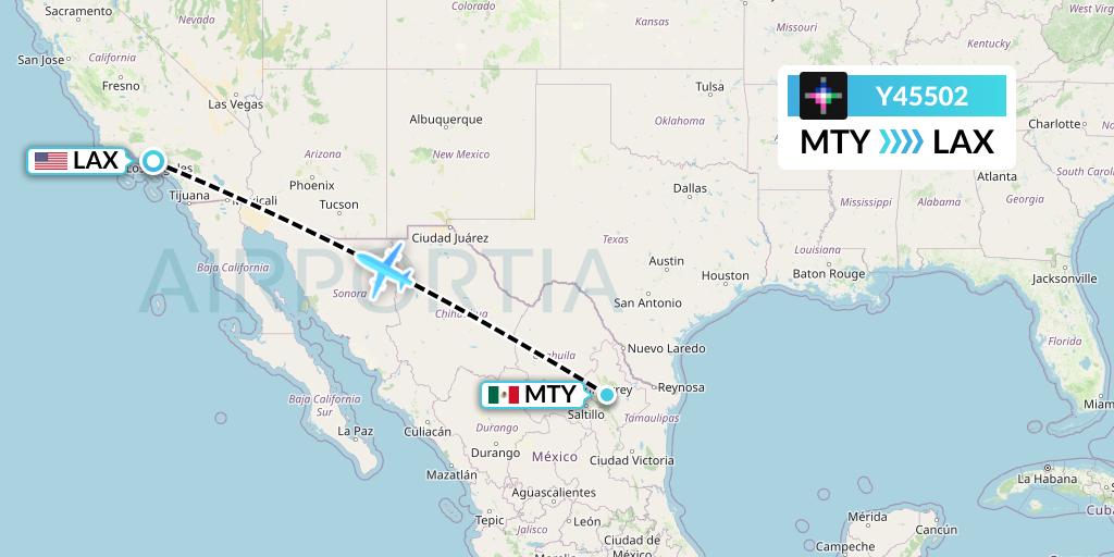 Y45502 Volaris Flight Map: Monterrey to Los Angeles
