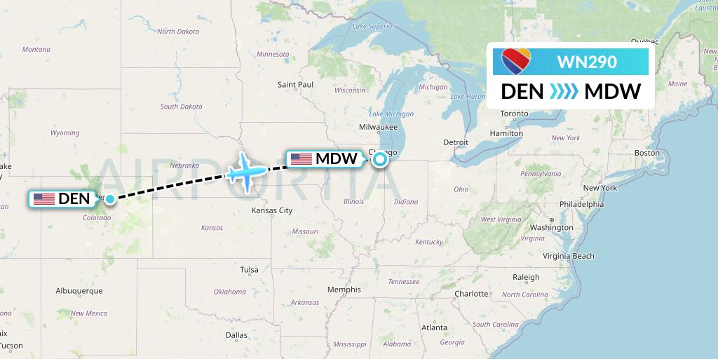 WN290 Southwest Airlines Flight Map: Denver to Chicago
