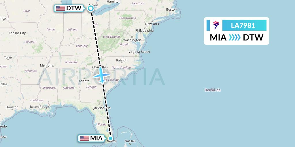 LA7981 LAN Airlines Flight Map: Miami to Detroit