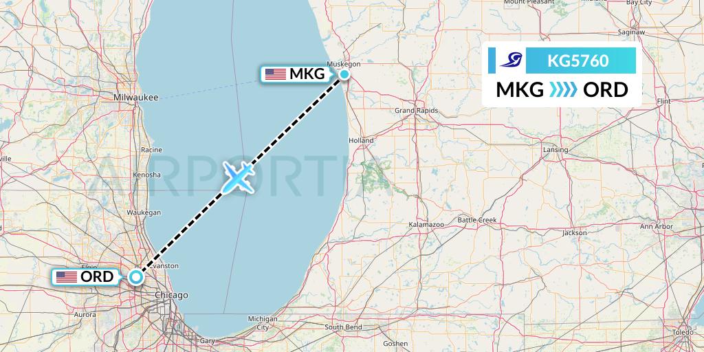 KG5760 Key Lime Air Flight Map: Muskegon to Chicago