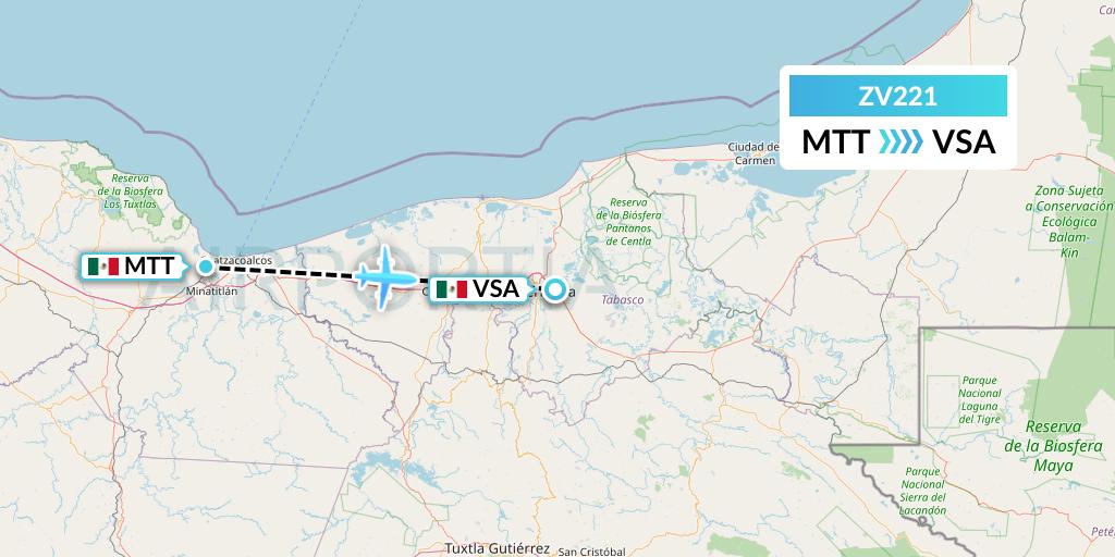 ZV221 Aerus Flight Map: Minatitlan to Villahermosa