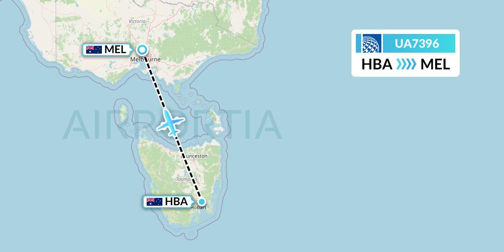 UA7396 United Airlines Flight Map: Hobart to Melbourne