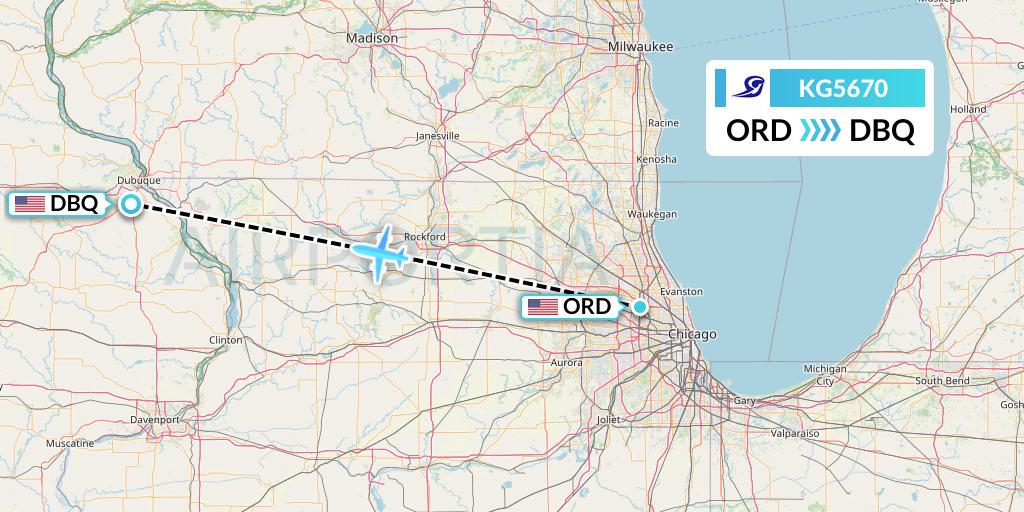 KG5670 Key Lime Air Flight Map: Chicago to Dubuque