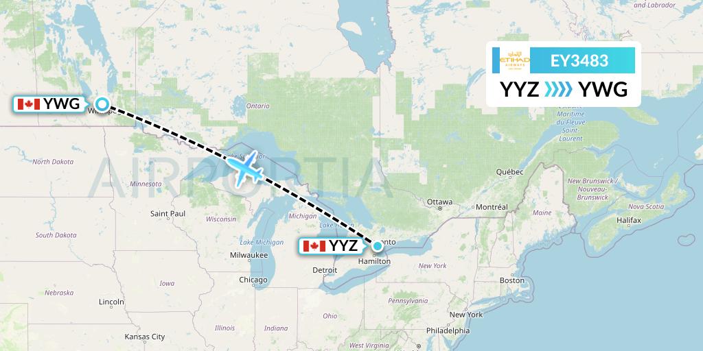 EY3483 Etihad Airways Flight Map: Toronto to Winnipeg