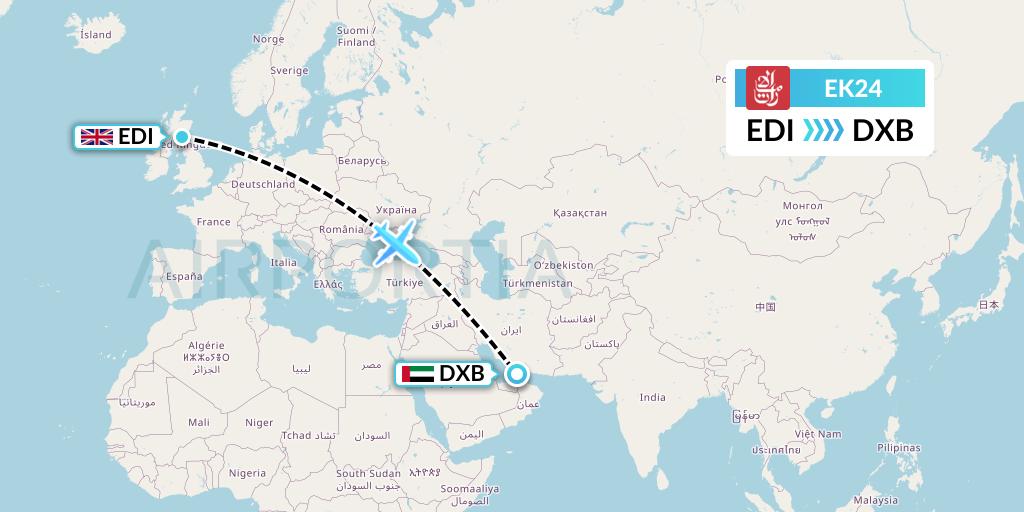 EK24 Emirates Flight Map: Edinburgh to Dubai