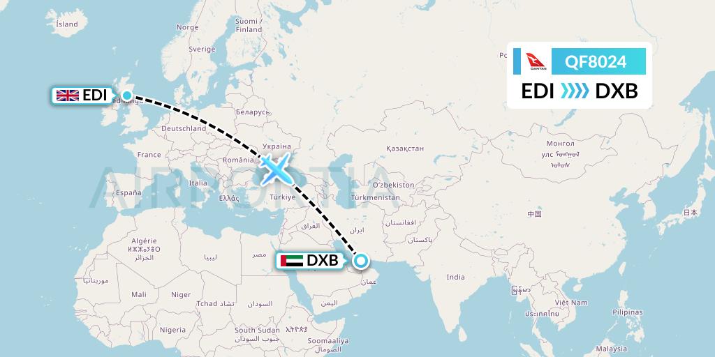 QF8024 Qantas Flight Map: Edinburgh to Dubai