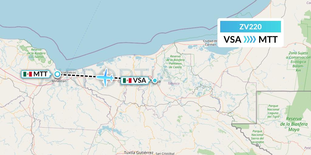 ZV220 Aerus Flight Map: Villahermosa to Minatitlan