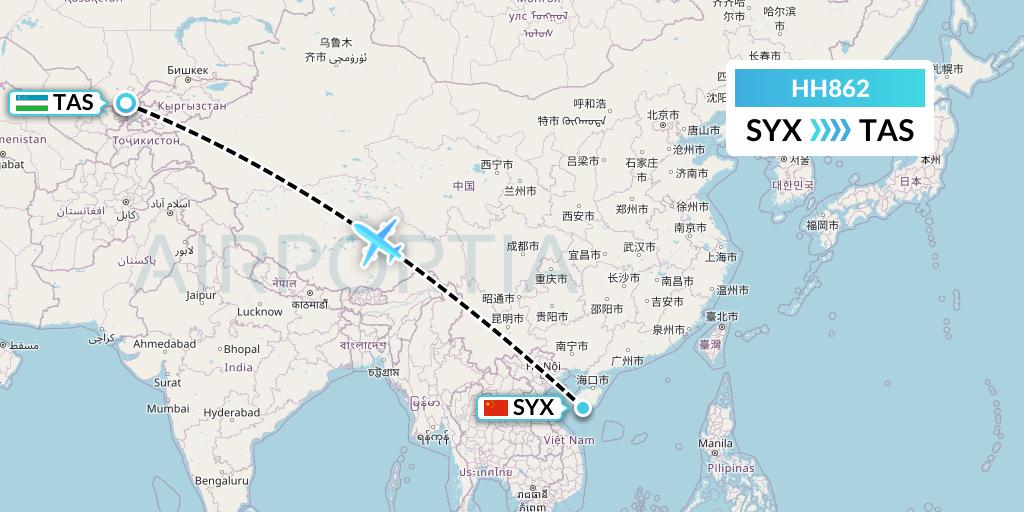 HH862 Qanot Sharq Flight Map: Sanya to Tashkent