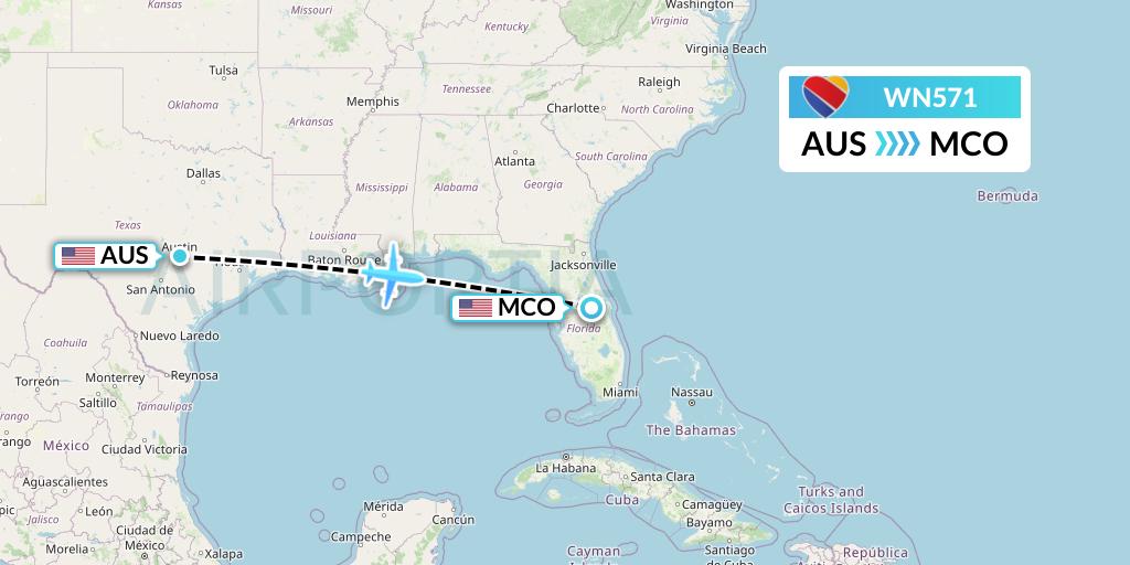 WN571 Southwest Airlines Flight Map: Austin to Orlando